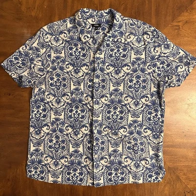 Express Shirt Mens Large Blue White Short Sleeve Button Up Floral Pattern Linen - Image 1 of 4