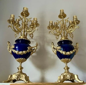 Fine Pair of Antique Six Arms Ormolu & Cobalt Blue Candelabra 19th C - Picture 1 of 23