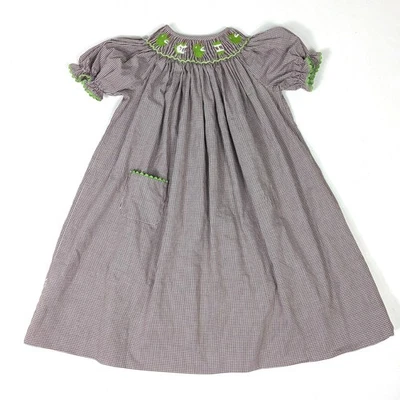 Amanda Remembered Dress Girls Sz 6 Brown Gingham Smocked Apple Fall School - Image 1 of 4