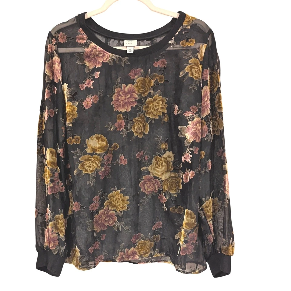 Blusa Top Nuevo Día Negra Floral Terciopelo Burnout Transparente Manga Larga XL Foto 1 de 4