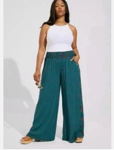 Torrid Hose Gr. 2 S weites Bein Challis gesmokte Taille hoher Bund Pull On türkis geblümt - Bild 1 von 9