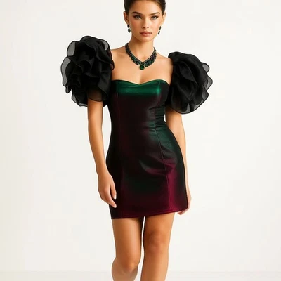 SHEIN Cocktail Mini Dress S/M Stretch Iridescent Bodycon Organza Ruffle Details - Image 1 of 4