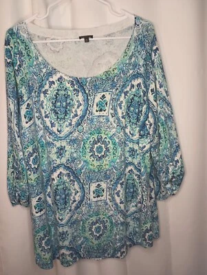 Talbots 2X Preppy Mosaic Knit Sweater Top Scoop Neck Roll Tab Blue Artsy Beach - Image 1 of 4