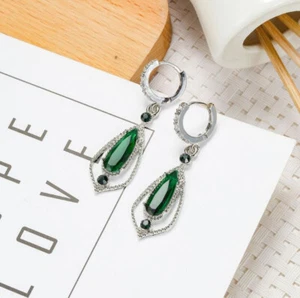 Special Water Drop Round Green Quartz Zirconia Gems Silver Hook Dangle Earrings - Picture 1 of 5
