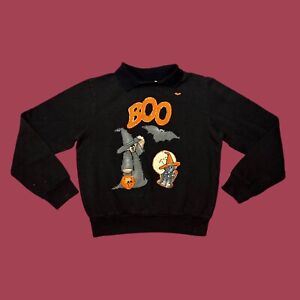 Vintage Halloween Puff Print 80s Kids Medium Black Sweatshirt Oversized Cat Bat