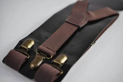 Dark Brown Coffee Chocolate Elastic Suspenders Braces with Bronze Metal Clips - image 1 of 4