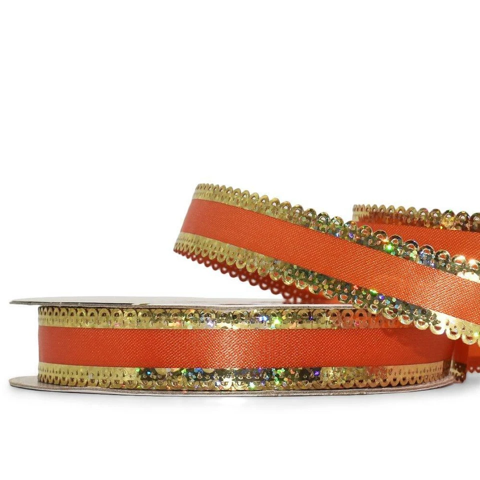 22 Yards Sparkle Elegance Pumpkin Orange Holographic Gold Scalloped Edge Ribbon - Image 1 of 1