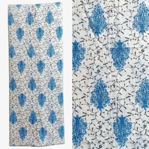 WHITE-BLUE PRINTED COTTON CUSTOM STITCHED LADIES KAMEEZ KURTI KURTA UPTO SIZE 60 - Picture 1 of 6