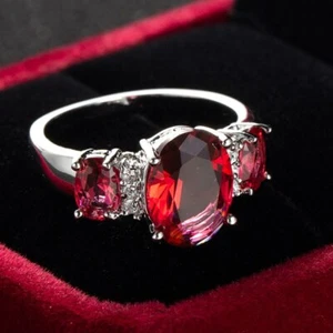 Red Oval Cut Band 3-stones Women's 925 Silver Wedding Anniversary Ring Size 6-10 - Picture 1 of 10