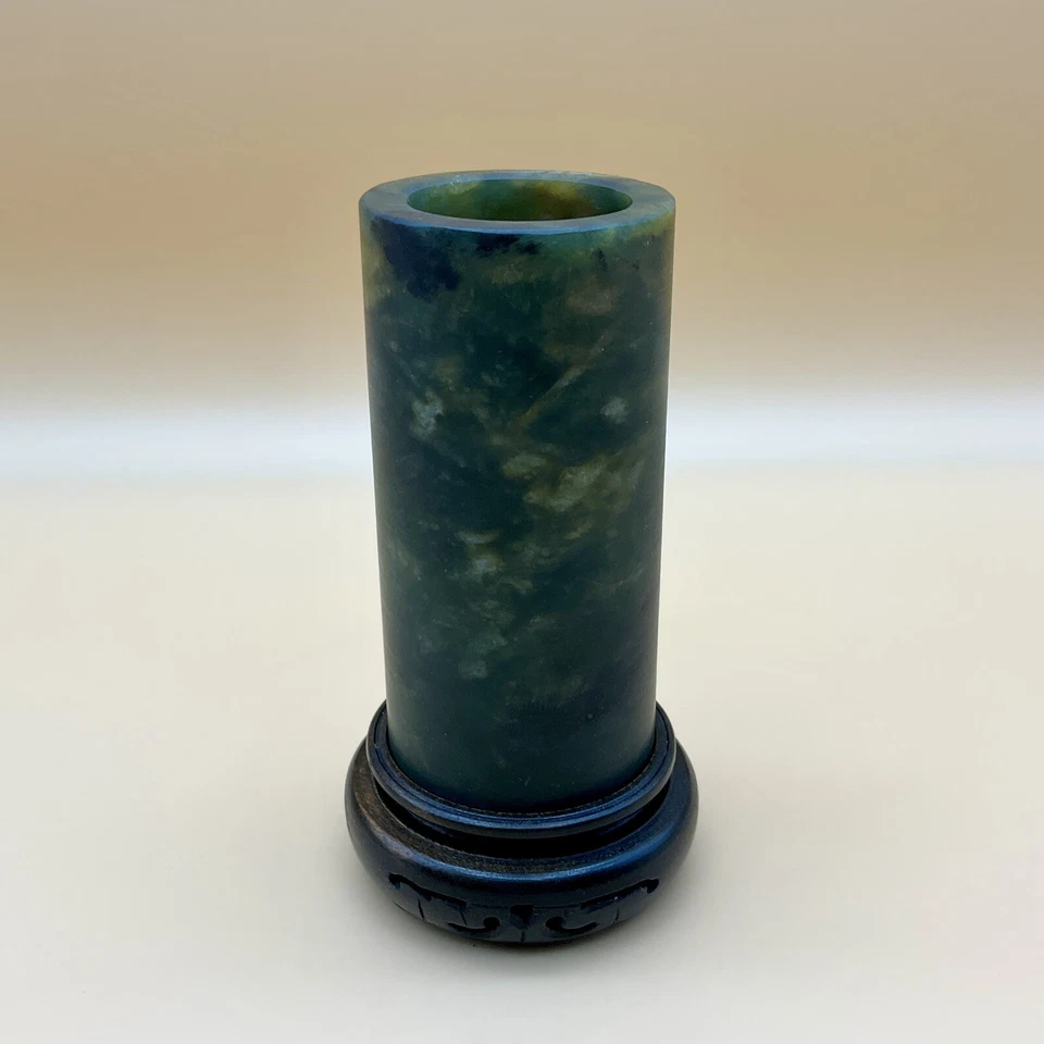 Antique Late 19th C. Qing Dynasty Chinese Small Cylindrical Green Jade Brush Pot - Image 1 of 4