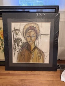 Retro / MCM / Gemälde einer Frau auf Holz mattiert und unter Glas gerahmt - Bild 1 von 5