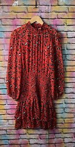 River Island Chiffon Dress Red Leopard Print, Tiered Skirt, Semi Sheer Size 12