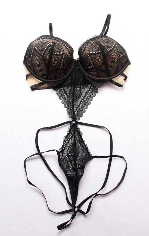 Sutiã feminino de renda e exuberante ajustável com fio Cassa Bodysuit DH3 preto GG novo com etiquetas - Imagem 1 de 4