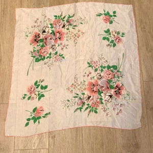 Vintage Pink Floral Head Scarf Japan 30" x 32" Hand Rolled Rayon - Picture 1 of 4