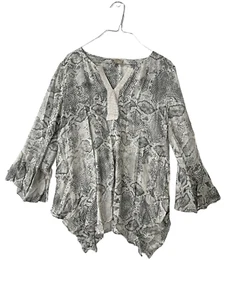 HAUTE HIPPIE Womens Top TRIBE Snakeskin Print Blouse Bell Sleeve Gray/Cream Sz S - Picture 1 of 8