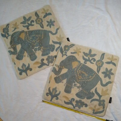 2 Embroidered Pillow Cover Cases Trunks Up Elephant Cotton Wool Cynthia Rowley  - Image 1 of 4