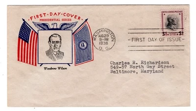 #832 Presidential Series $1 Woodrow Wilson 1938 FDC -  #5 - Image 1 of 2