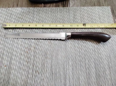 Cuchillo de pan GINSU de colección tallado rebanado hoja de acero inoxidable dentado mango marrón 15"  Foto 1 de 4