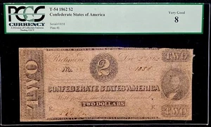 T-54 1862 Konföderierte Staaten 2 $ Bürgerkrieg seltene veraltete Banknote Währung PCGS - Bild 1 von 5