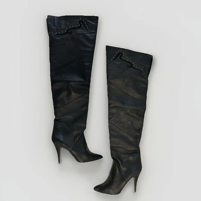 Wild Par Raro De Colección Años 80 Tachonado Cuero Negro Sobre la Rodilla Botas Hasta el Muslo 8 B Foto 1 de 4