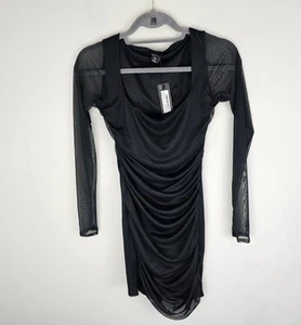 boohoo square neck ruched mesh bodycon black Mini dress size 10 - Picture 1 of 4