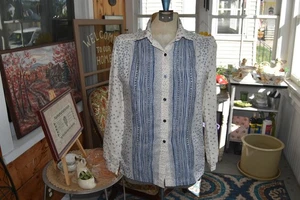 Vintage 70s Jack Winter Blouse Blue Mod Floral Striped Print long sleeve Top S/M - Picture 1 of 8