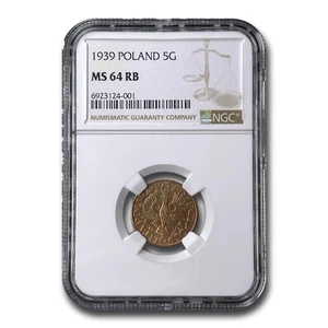 1939 Poland 5 Groszy MS-64 NGC (Red/Brown) - Picture 1 of 3