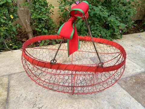 Vintage French Red Wire Market Basket Oval with Double Wood Handles Cover