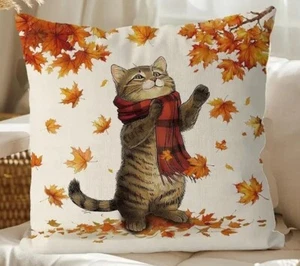 Whimsical Autumn Fall Cat Pillow Cover Maple Leaves Scarf Zipper LARGE 20"x20" - Picture 1 of 3