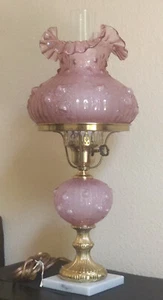 Fenton Pink Glass Cabbage Rose Embossed Roses Electric Table Lamp w Marble Base - Picture 1 of 7