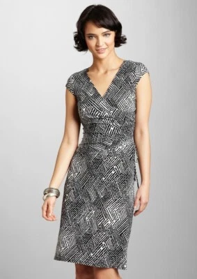 Size 14 Evan Picone Black & White Print Faux-Wrap Dress Spring Summer Wedding - Image 1 of 4