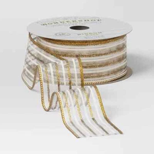 New ! 1.5" Striped Sheer Fabric Christmas Ribbon 18' Gold/White - Wondershop - Picture 1 of 1