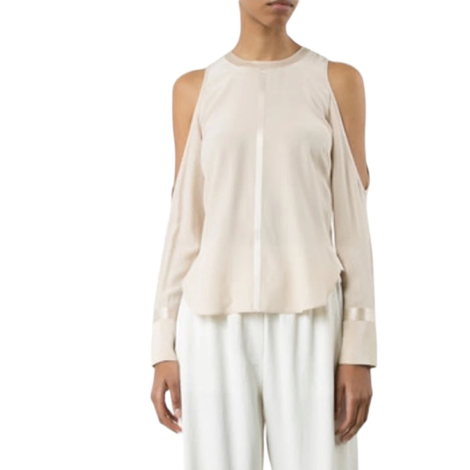 Elizabeth And James Nude Beige Cold Shoulder 100% Silk Top Blouse Size Small - Image 1 of 4