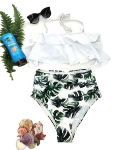 Two Piece Bikini Swimsuit High Waisted Green Leafy Bottoms White Ruffle Top - S - Picture 1 of 6