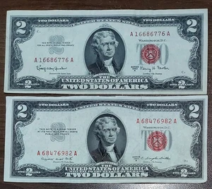 Lot 2pcs, 1953.1963 Two Dollar Red Seal $2 Bill circulated, random serial - Picture 1 of 2