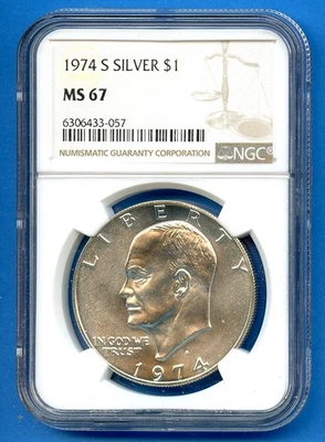 1974 S Silver NGC MS67 Eisenhower Dollar $1 US Mint 1974-S MS-67 Blast White - Image 1 of 3