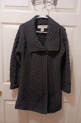 Aran Mor 100% шерсти мериноса бриллиант кабель трикотажа длинный кардиган пальто уголь M  - Изображение 1 из 4