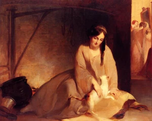 Oil painting lady woman with cat Cinderella-at-the-Kitchen-Fire-Thomas-Sully art - Picture 1 of 1