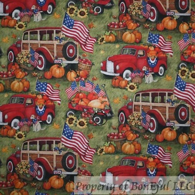 BonEful Fabric FQ Cotton Quilt Green Red Truck Scenic American Flag Holiday Dog - Image 1 of 4
