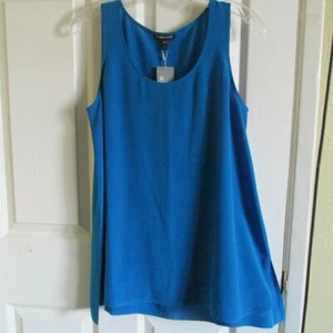 SZ S EILEEN FISHER CRYSTAL BLUE SILK CREPE de CHINE SCOOP NECK LONG TANK TOP NWT - Picture 1 of 3