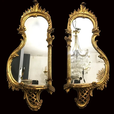 26,7" Tall Antique & Original Pair of French Wood Mirrors with Stands Cover