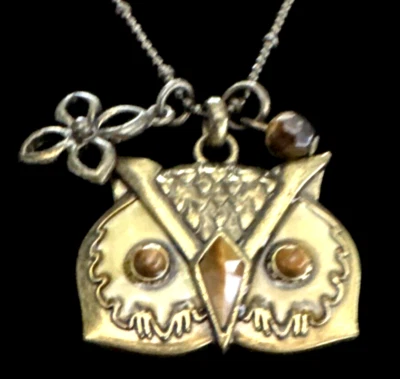 Collar Colgante Búho Fósil De Colección Ojo de Tigre Latón Madreperla Único Foto 1 de 4