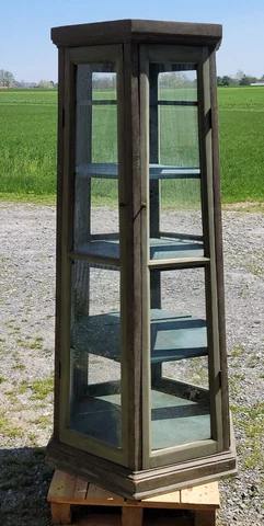 Antique Hexagon 6 Sided Pie Cabinet Safe Glass Doors 5 Shelves Green Milk Paint Cover
