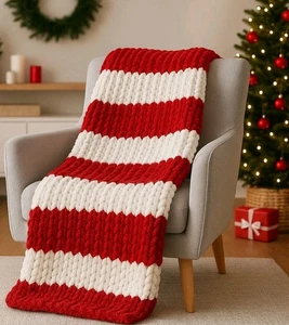 Christmas Candy Cane Handmade Chunky Blanket Made in the USA - Picture 1 of 4