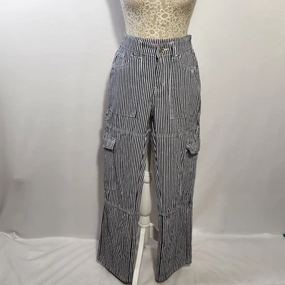 EDIKTED Women's Small Gray Stripe Out Railroad Cargo Pants Cotton Relaxed Fit - Image 1 of 4