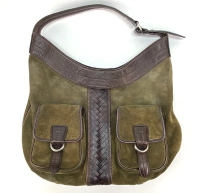 Cole Haan Hobo Bag  Green Suede  Brown Leather Strap Large Tote Purse ~ Used - Image 1 of 4