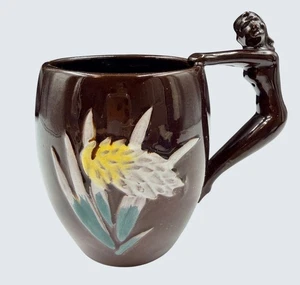 VTG Japan Nude Lady Handle Mug Brown Glaze Floral Relief Pinup Novelty Barware - Picture 1 of 12