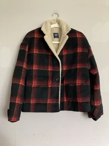 GAP Plaid Cropped Coat Sherpa SMALL Wool Blend Red Black - Picture 1 of 10