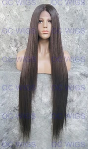 Super Long Hips Length Straight Lace Front Human Hair Blend Wig Dark Brown 4 - Picture 1 of 7