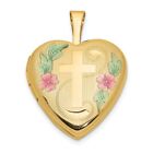 14k Yellow Gold 16mm with Enamel Floral Cross Heart Locket Pendant